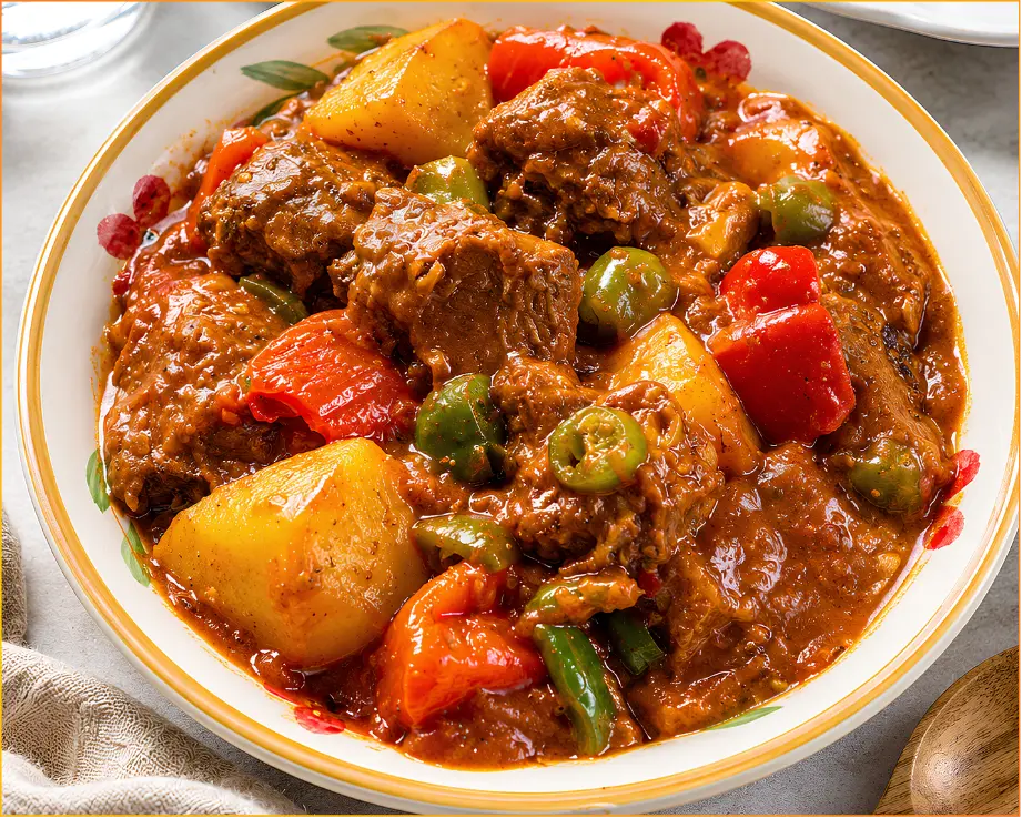 Beef Caldereta — beef slow-cooked in rich tomato sauce with vegetables